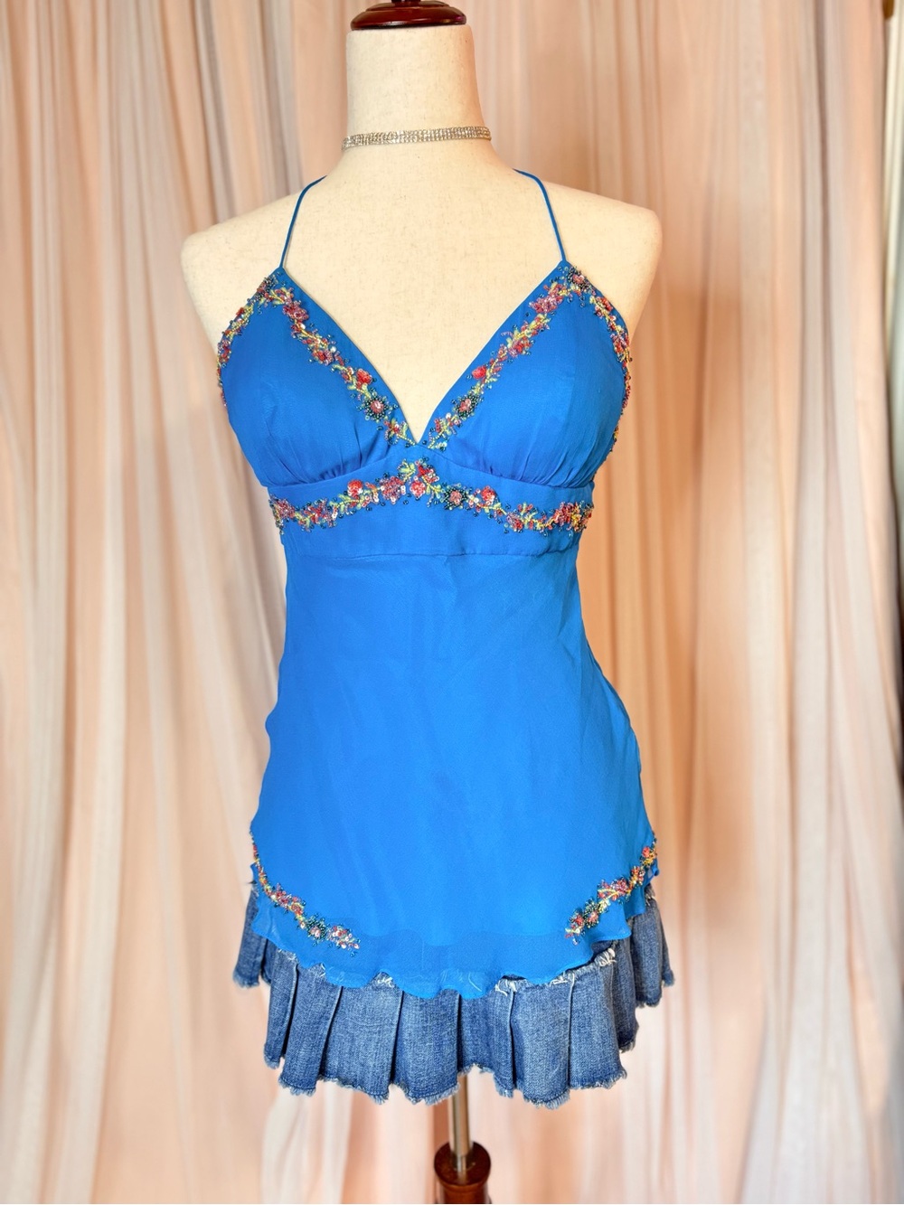 Caché 100% Silk Beaded Cami Tank Top Blue Y2K Fairy Boho Embellished Size 8